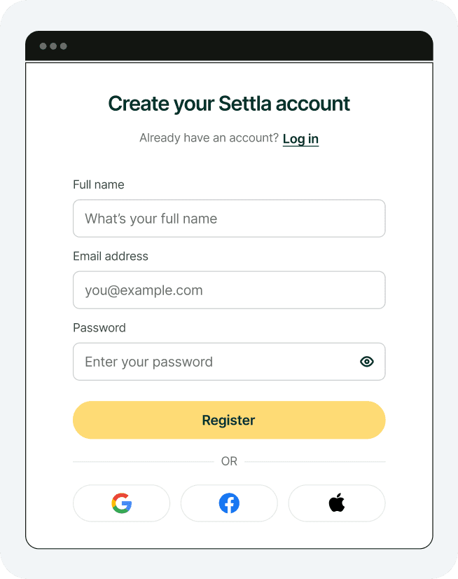 Showing Sign Up Page for Settla account